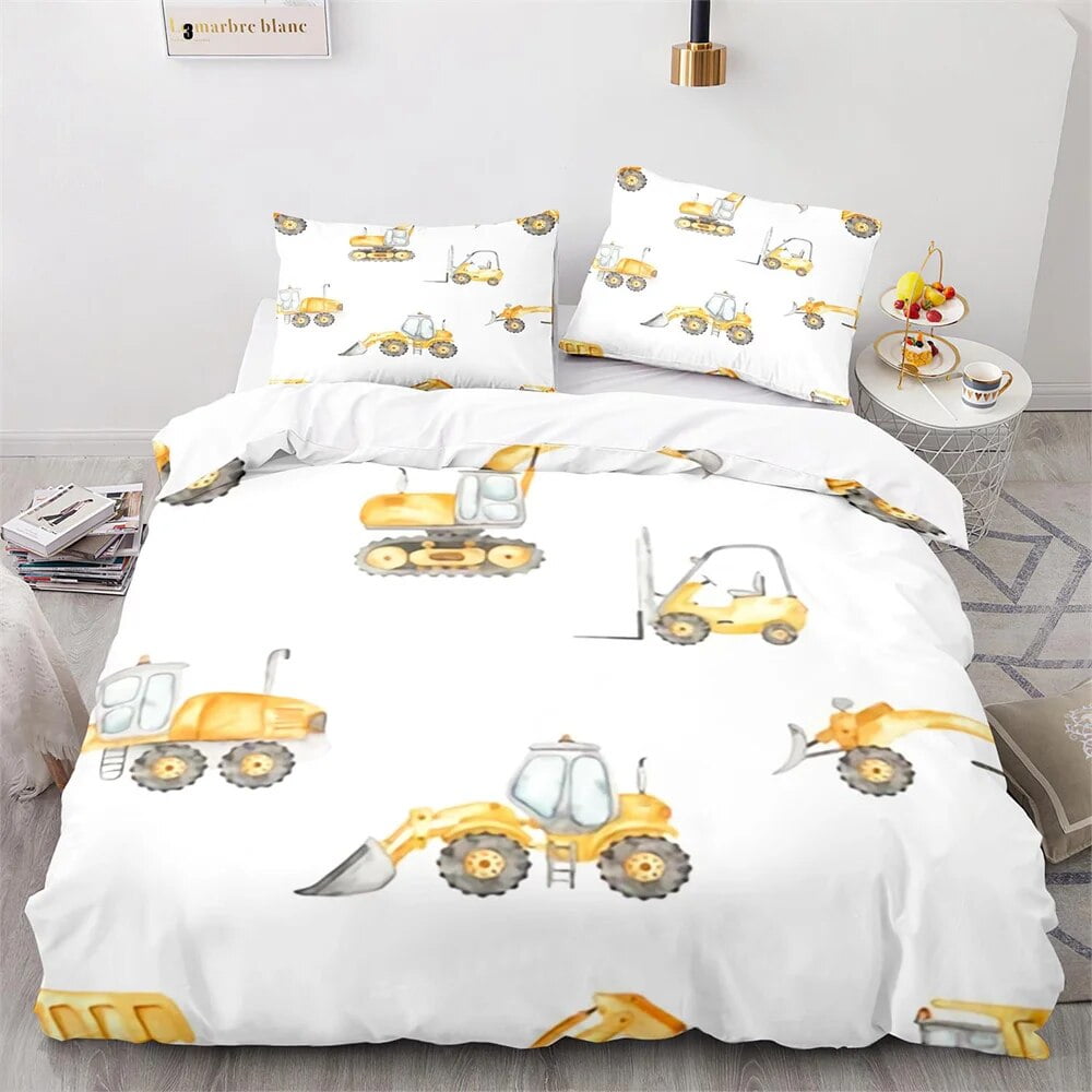 Digger Duvet Cover Set Cartoon Heavy Machinery Truck Crane Mixer