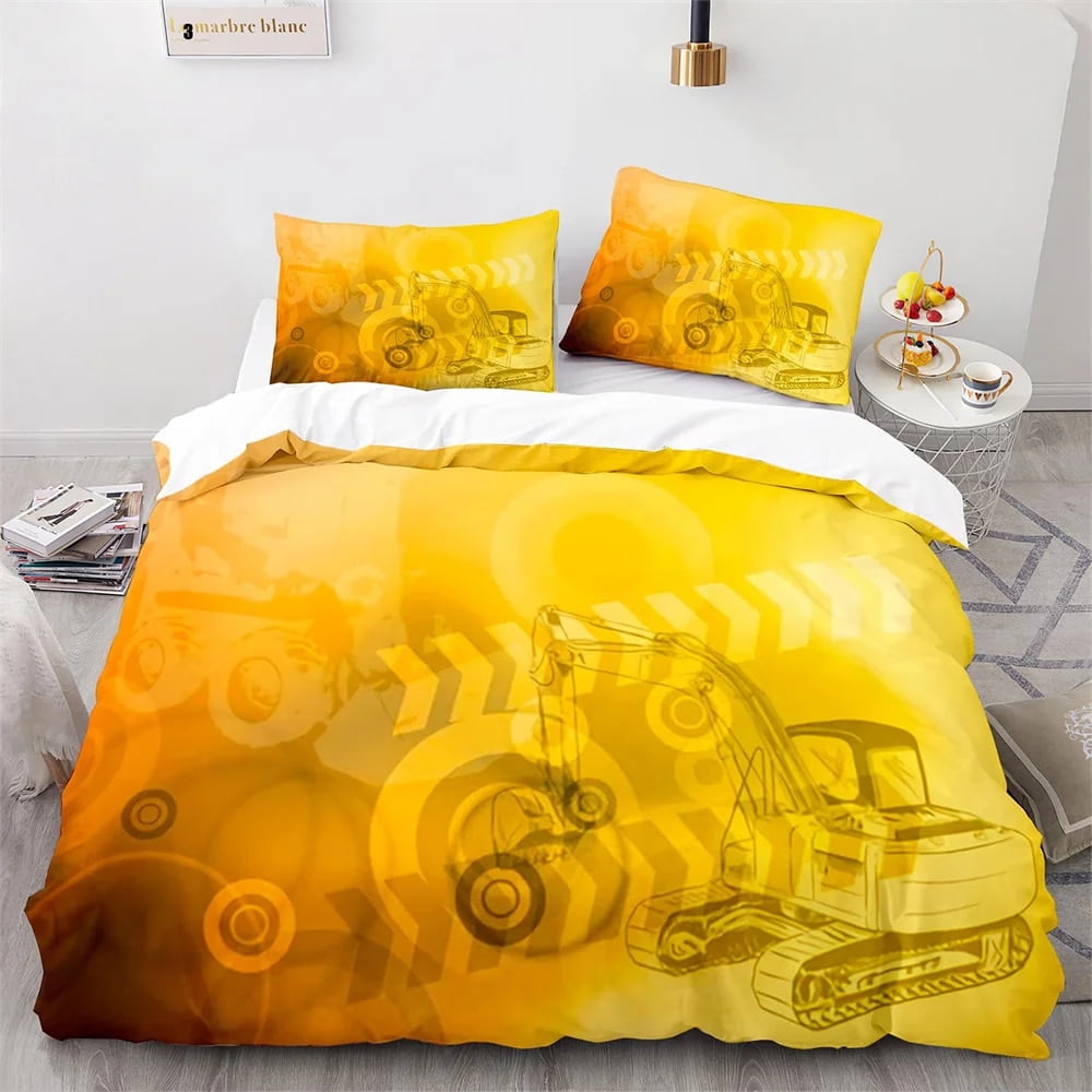Digger Duvet Cover Set Cartoon Heavy Machinery Truck Crane Mixer