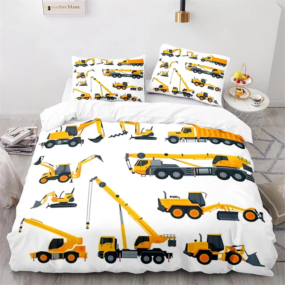Digger Duvet Cover Set Cartoon Heavy Machinery Truck Crane Mixer
