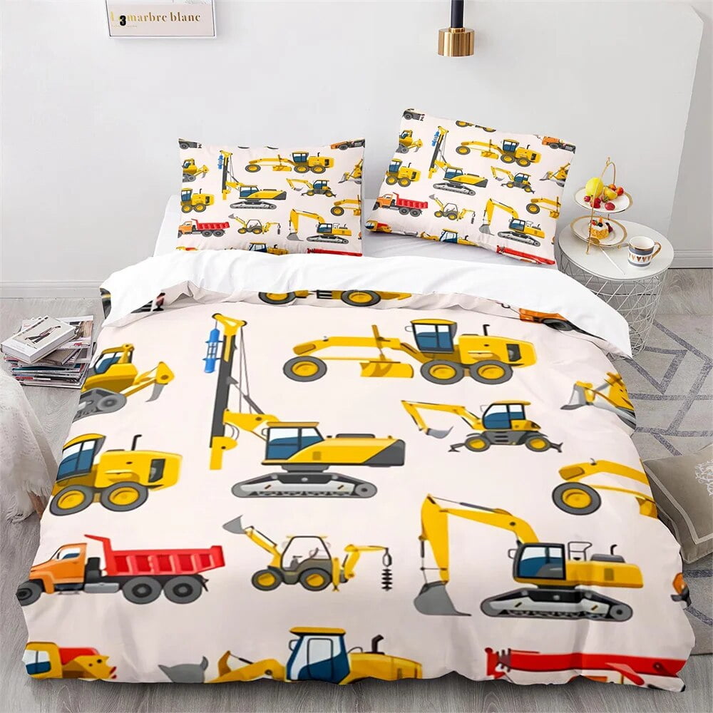 Digger Duvet Cover Set Cartoon Heavy Machinery Truck Crane Mixer