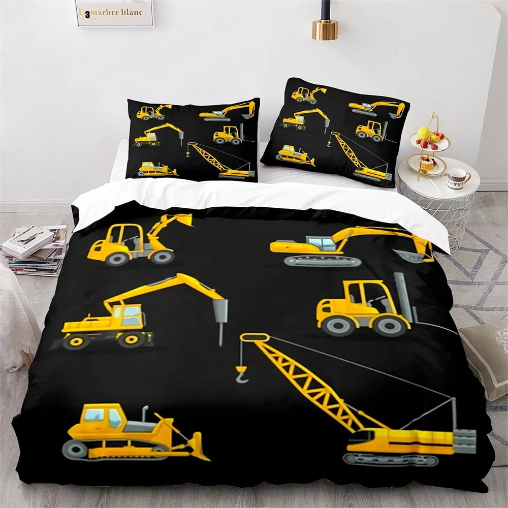 Digger Duvet Cover Set Cartoon Heavy Machinery Truck Crane Mixer