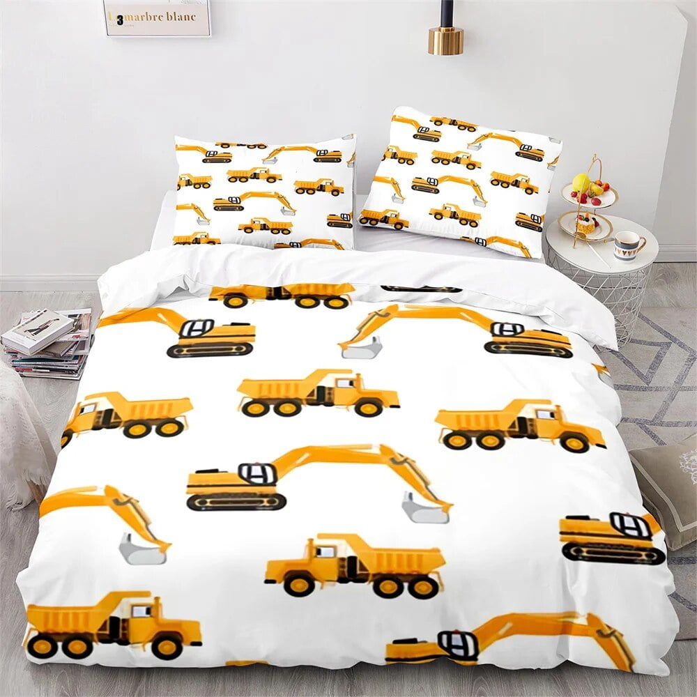 Digger Duvet Cover Set Cartoon Heavy Machinery Truck Crane Mixer