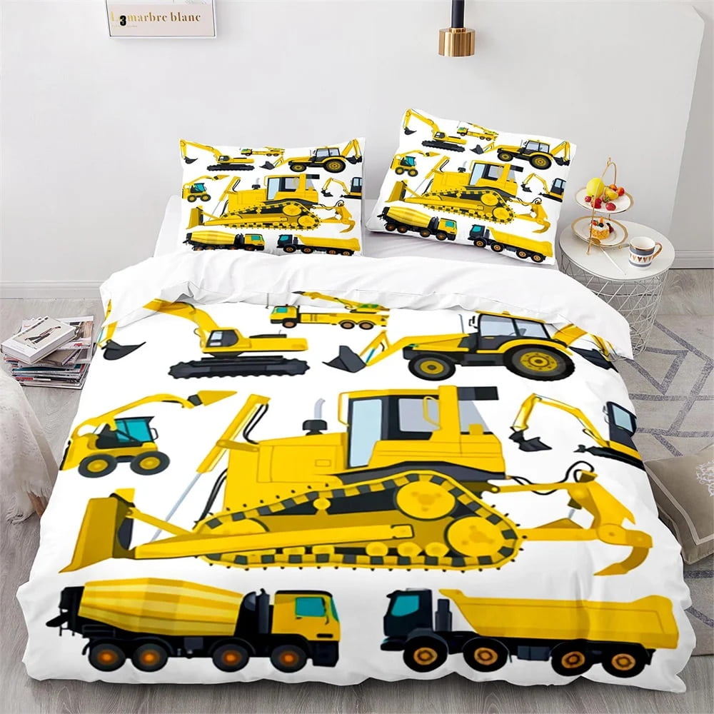 Digger Duvet Cover Set Cartoon Heavy Machinery Truck Crane Mixer