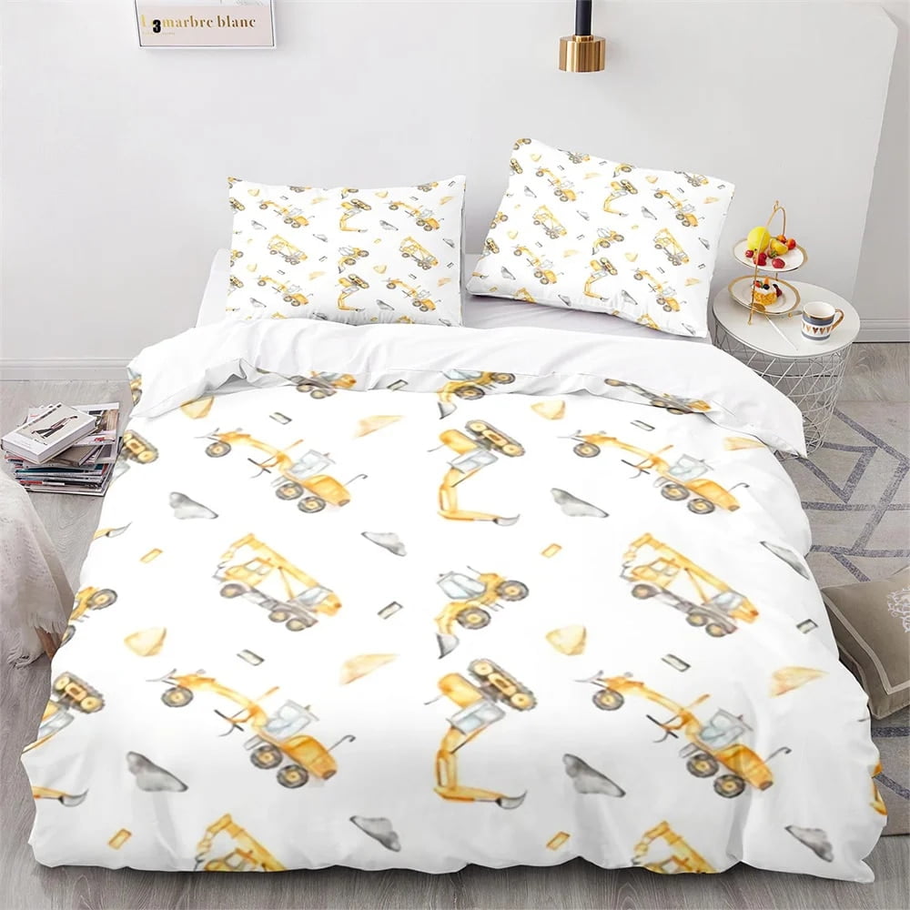 Digger Duvet Cover Set Cartoon Heavy Machinery Truck Crane Mixer