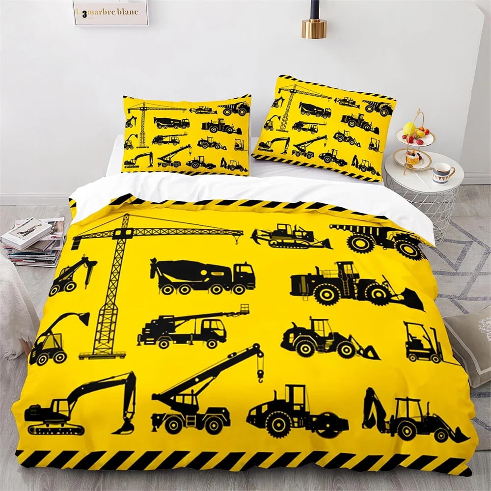 Digger Duvet Cover Set Cartoon Heavy Machinery Truck Crane Mixer