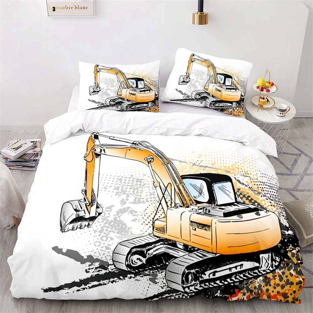 Digger Duvet Cover Set Cartoon Heavy Machinery Truck Crane Mixer