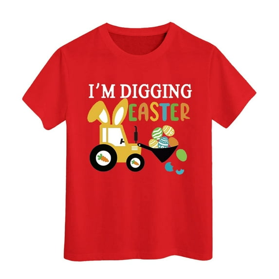 Digging Easter Top for Kids Girls Unisex Round Neck Eggs Bunny Outfits Pulloverr T Shirt Tractor Soft Fit Breathable Trendy Clothes #Z07 Red 6-7 Years