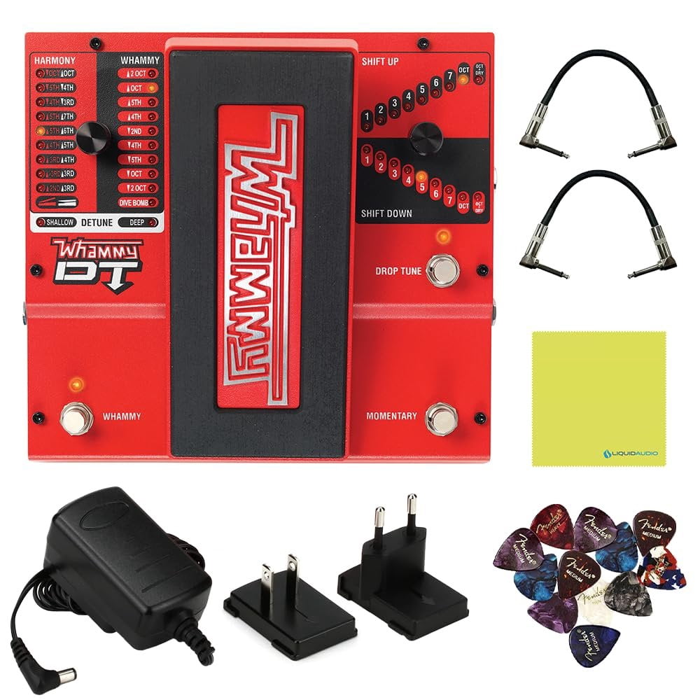 DigiTech Whammy DT Drop Tune Guitar Effects Pedal Bundle w/2x Strukture S6P48 Woven Right Angle Patch Cables, 12x Guitar Picks and Liquid Audio Polishing Cloth