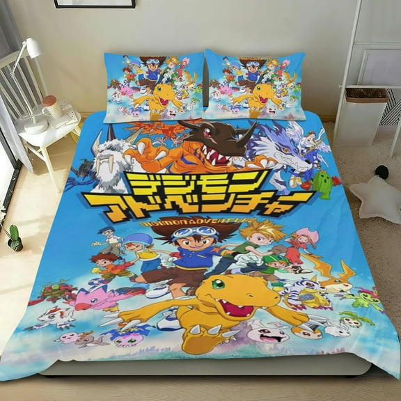Digimon Adventure Themed Bed Sheet Set Three Piece Set 53x79 In ches Comfortable And Skin Friendly Unique Design Creating A Star Studded Night Home Decor Gifts For Family Friends fans