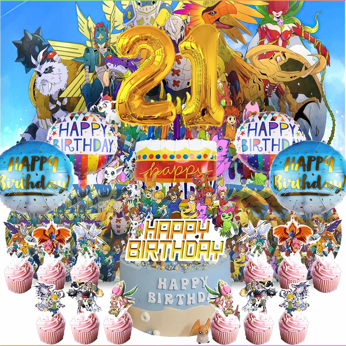Digimon Monster 21th Tableware Balloons Cake Toppers Backdrop Banner ...