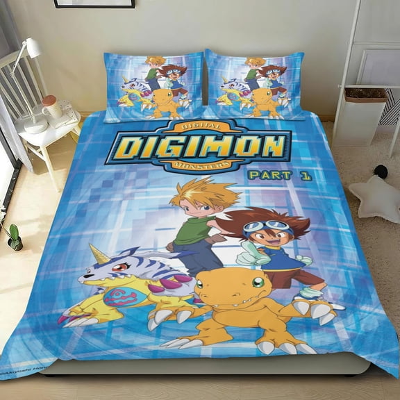 Digimon Monster Themed Bed Sheet Set Three Piece Set 53x79 In ches Comfortable And Skin Friendly Unique Design Creating A Star Studded Night Home Decor Gifts For Family Friends fans
