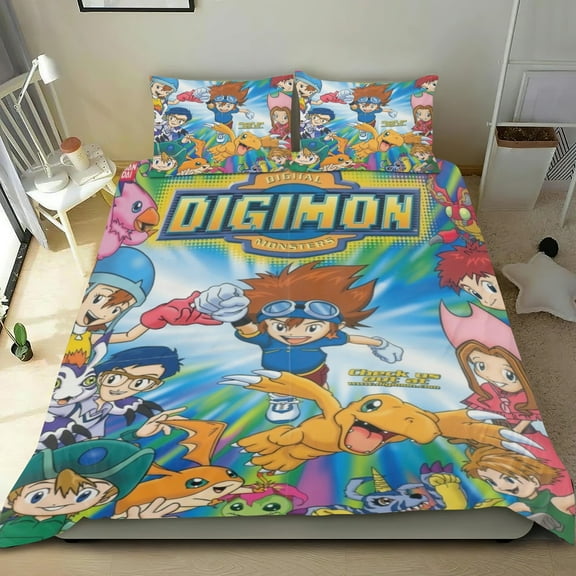 Digimon Monster Themed Bed Sheet Set Three Piece Set 53x79 In ches Comfortable And Skin Friendly Unique Design Creating A Star Studded Night Home Decor Gifts For Family Friends fans