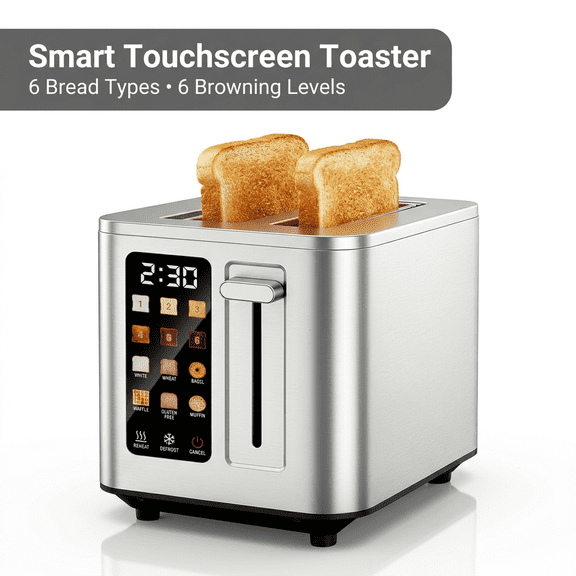 Digital 2 Slice Toaster TAZTIR, Stainless Steel Touchscreen Bread Toaster with LED Countdown Timer, 1.5" Extra Wide Slots, 6 Bread Types & 6 Shade Settings, Defrost/Reheat/Cancel Functions, Silver