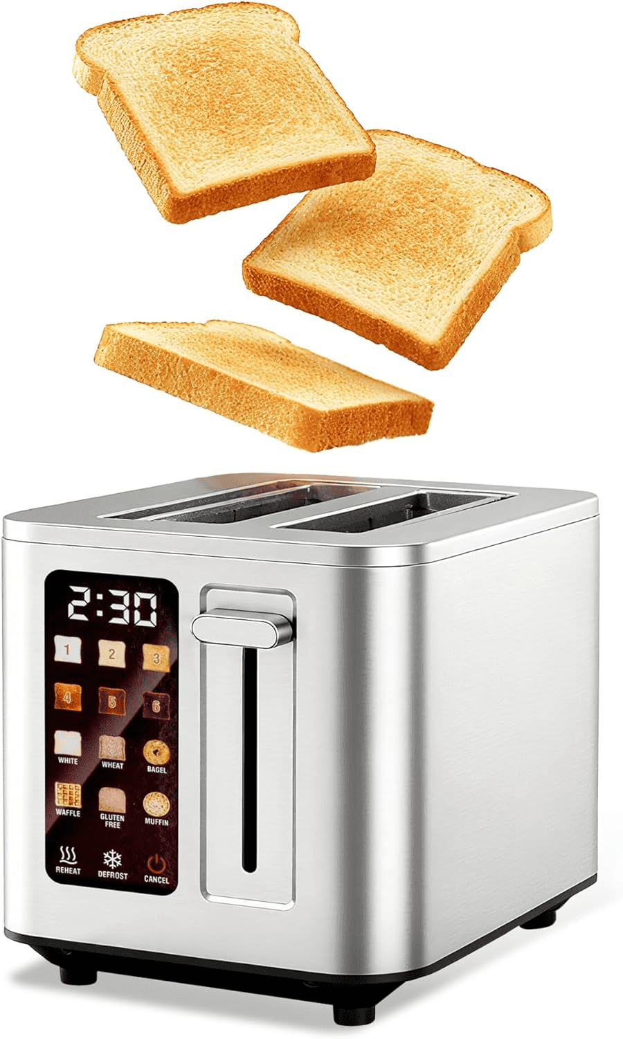 Digital 2 Slice Toaster, Stainless Steel Touchscreen Bread Toaster with LED Countdown Timer, 1.5" Extra Wide Slots, 6 Bread Types & 6 Shade Settings, Defrost/Reheat/Cancel Functions, Silver