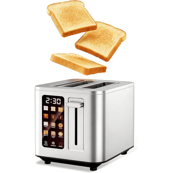 Digital 2 Slice Toaster, Stainless Steel Touchscreen Bread Toaster with LED Countdown Timer, 1.5" Extra Wide Slots, 6 Bread Types & 6 Shade Settings, Defrost/Reheat/Cancel Functions, Silver