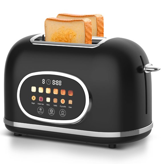 Digital 2-Slice Toaster with Touch Screen - 1.5'' Wide Slots, 6 Browning Levels, 6 Modes (Bagel/Waffle/Muffin) & 3 Functions (Defrost/Reheat/Cancel) + Countdown Timer, Matte Black Retro