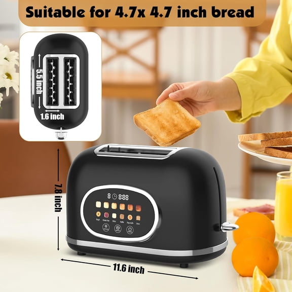 Digital 2-Slice Toaster with Touch Screen - 1.5'' Wide Slots, 6 Browning Levels, 6 Modes (Bagel/Waffle/Muffin) & 3 Functions (Defrost/Reheat/Cancel) + Countdown Timer, Matte Black Retro
