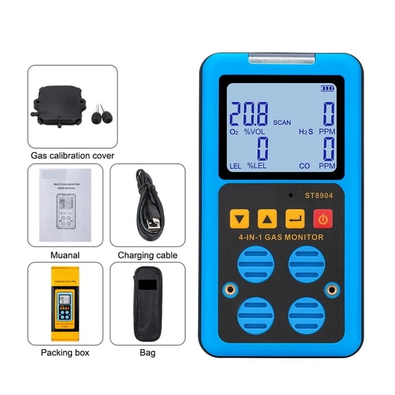 Digital 4-in-1 Gas Detector Oxygen (O2) Hydrogen Sulfide (H2S) Carbon Monoxide (CO) Combustible Gas LEL Monitor Gas Analyzer