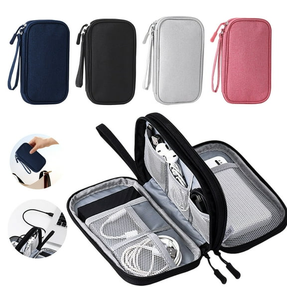 Digital Accessories Storage Bag | Multi-layer Electronic Organizer | Hard Protective Travel Case for Power Bank USB Cables Earphones | Dustproof Waterproof | 7.5x4.3x2.2 in | Gray/Pink/Navy | 1pc