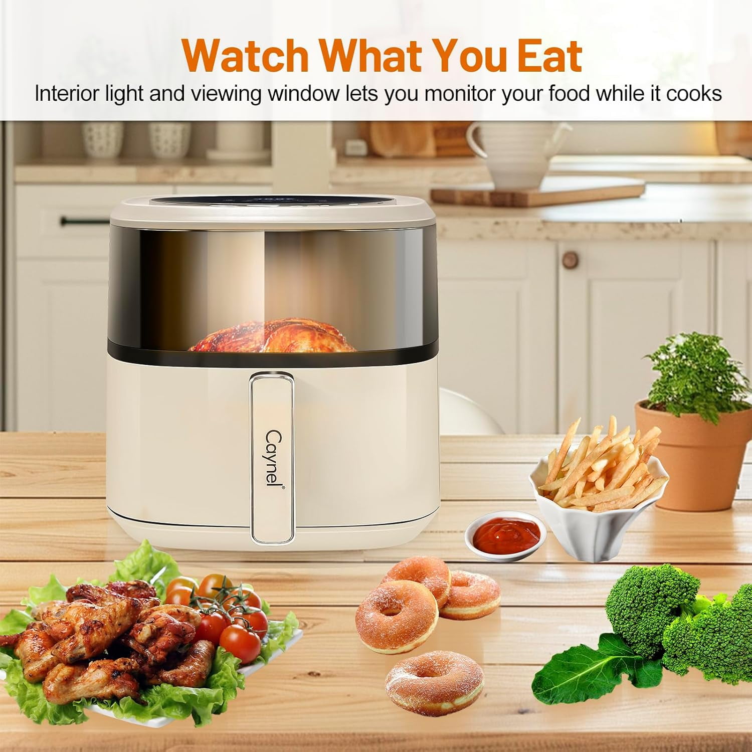 Digital Air Fryer 6.5QT Healthy Cooker with Visual Window, LCD Touch Controls, 6 Presets, Nonstick Basket - Beige