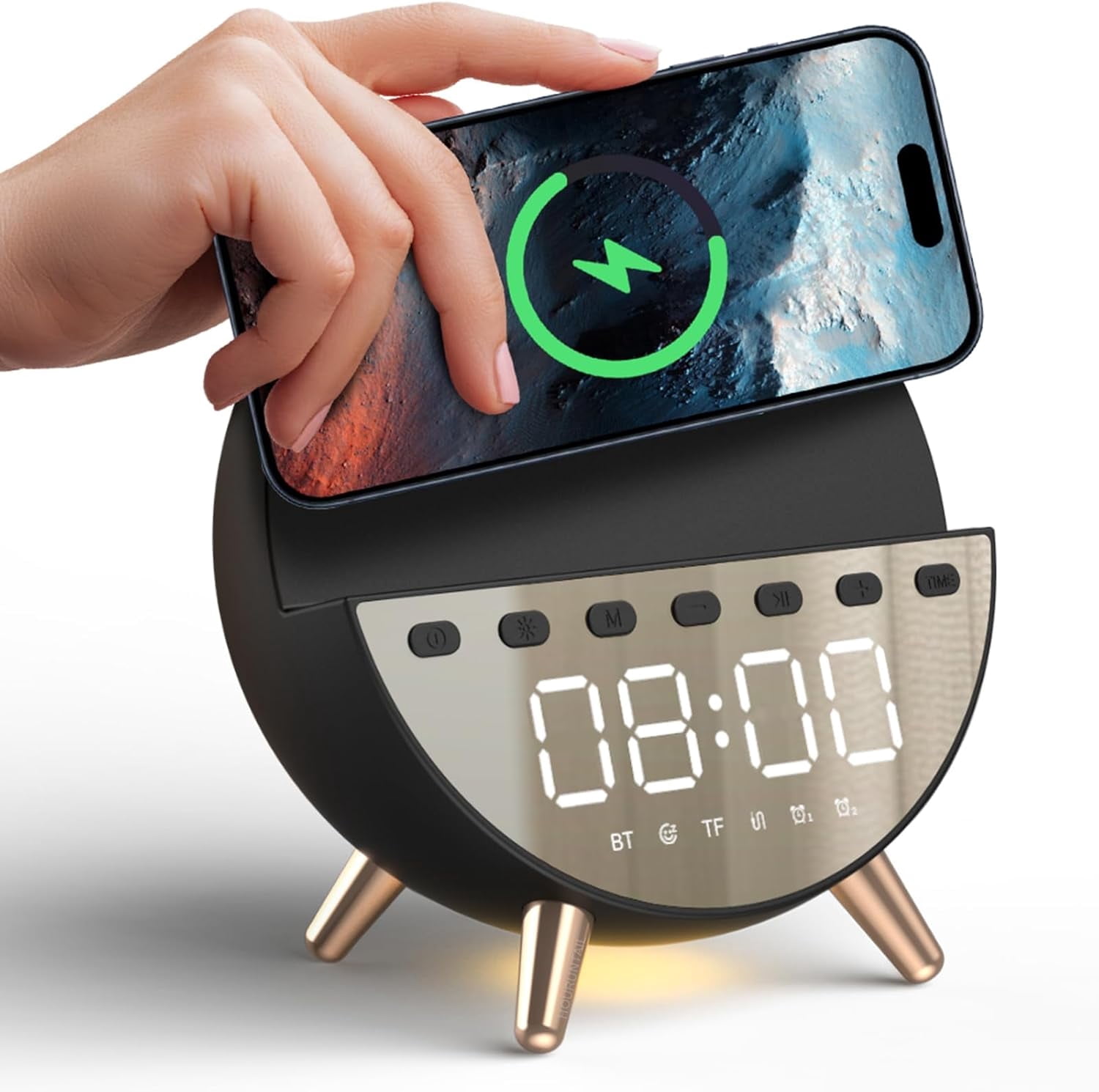 Digital Alarm Clock with 15W Wireless Charging with Warm White Light,5 Soothing Sound/White Noise,Dual Alarm Clock for Bedrooms Heavy Sleepers (Black)