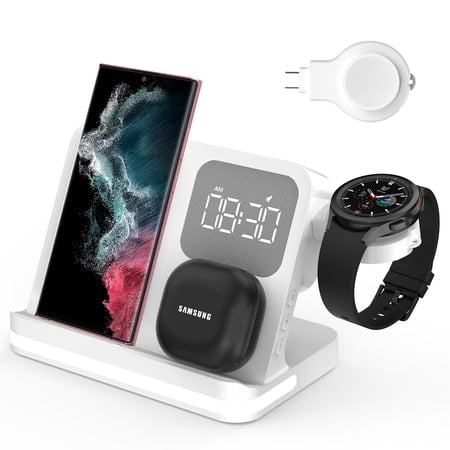 Digital Alarm Clock 3 in 1 Multifunctional Wireless Charger Compatible with Huawei/iPhone/Samsung Phone/Watch/Earphone Fast and Safe Charging with LED Night Light