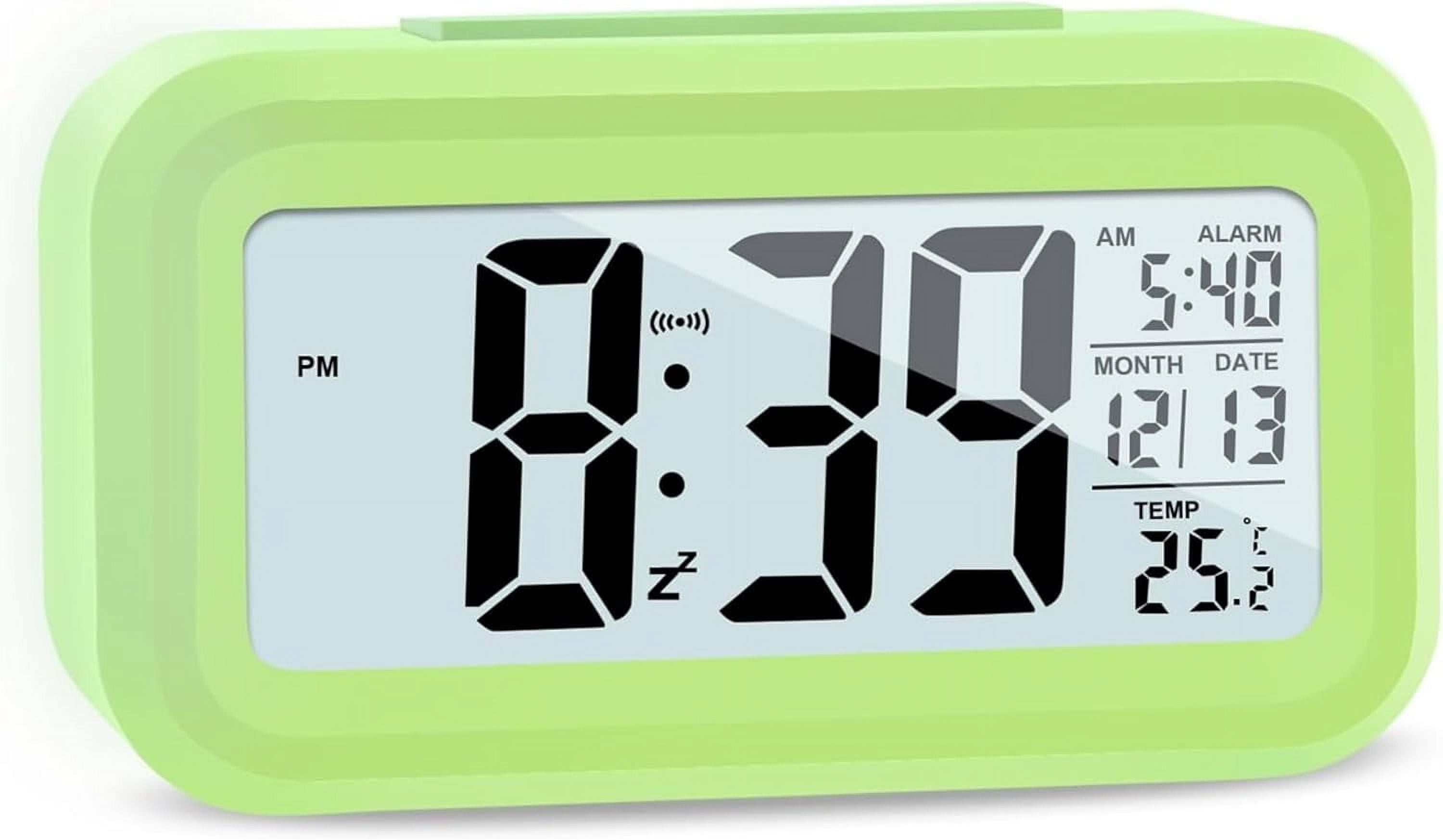 Digital Alarm Clock 4.3 Inch LED Display Battery Powered with Temperature Calendar Snooze Light Control Adjustable Brightness Portable Bedside Clock Green
