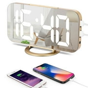 Digital Alarm Clock 6.6" Large Mirrored LED Clock Modern Mirror Desk Wall Clock with Dual USB Charger Ports Home Desk Alarm Clock Gold