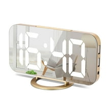 Digital Alarm Clock，6.6" Large Mirrored LED Clock Modern Mirror Desk Wall Clock with Dual USB Charger Ports Home Desk Alarm Clock (Gold)