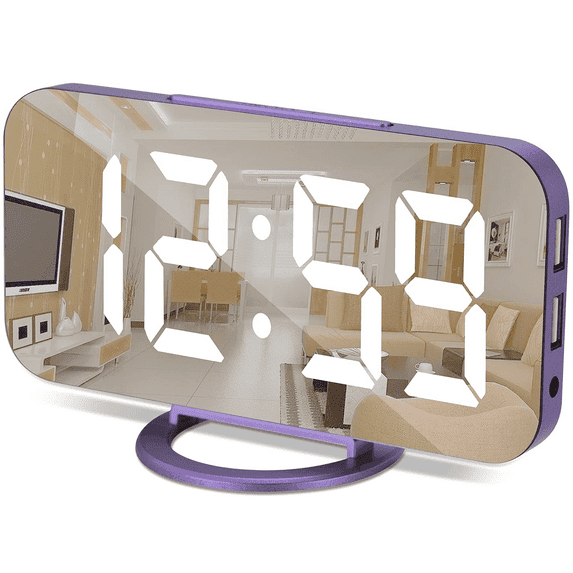 Digital Alarm Clock 6.6" Large Mirrored LED Clock Modern Mirror Desk Wall Clock with Dual USB Charger Ports Home Desk Alarm Clock (Purple)