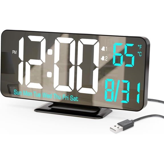 Digital Alarm Clock 6.7in Black for Bedroom, Dual Alarm, Date, Seconds,Day of Week,12/24h,Dimming, Temp, Desk Clock, LED Living Room, Calendar