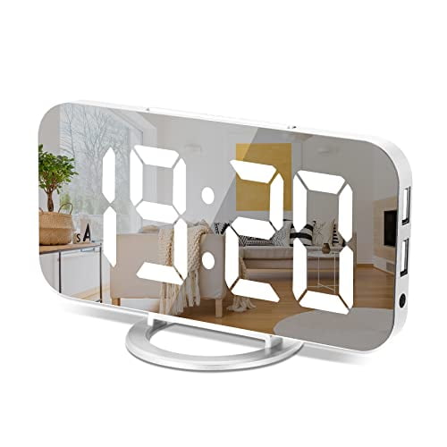 Digital Alarm Clock,6" Large LED Display with Dual USB Charger Ports | Auto Dimmer Mode | Easy Snooze Function,Modern Mirror Desk Wall Clock for Bedroom Home Office for All People (White)