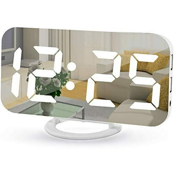 Digital Alarm Clock,7" LED Mirror Electronic Clocks,with 2 USB Charging Ports,Snooze Mode,Auto Adjust Brightness,Modern Desk Wall Clocks for Bedrooms Living Room Office - White