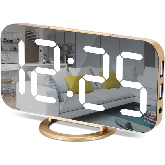 Digital Alarm Clock,7 in LED Mirrored Clocks Large Display,with 2 USB Charger Ports,Auto Dim,Night Mode,Modern Desktop Electronic for Bedroom Home Office Decor - Gold