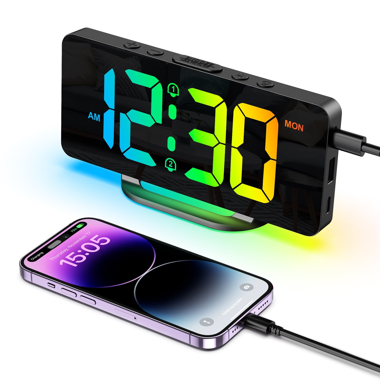 Digital Alarm Clock, AMIR RGB Alarm Lock 7 inch LED Digital Clock 2 Alarms Snooze 12/24H USB