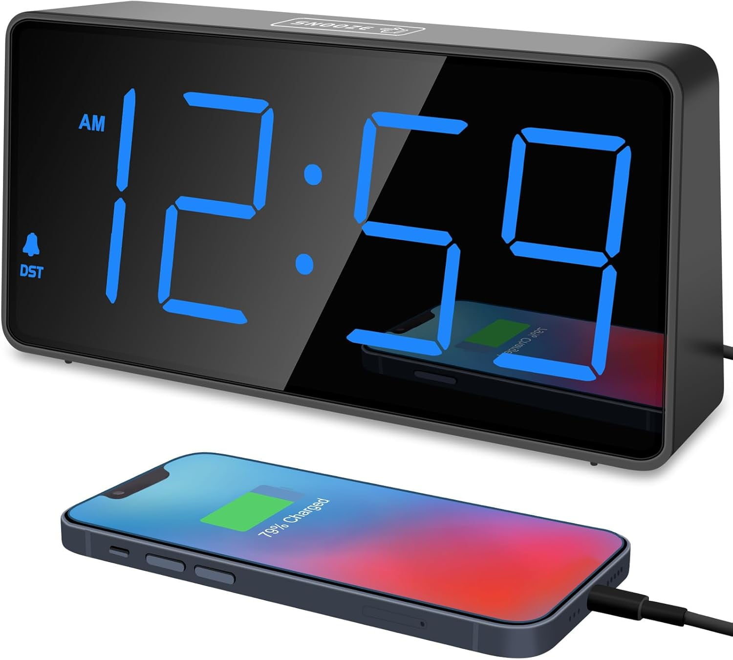 Peakeep Digital Alarm Clock for Bedroom Bedside, Loud Heavy Sleepers, Large Big LED Numbers Seniors, Battery Backup Plug in Electric with USB Charger (Blue)