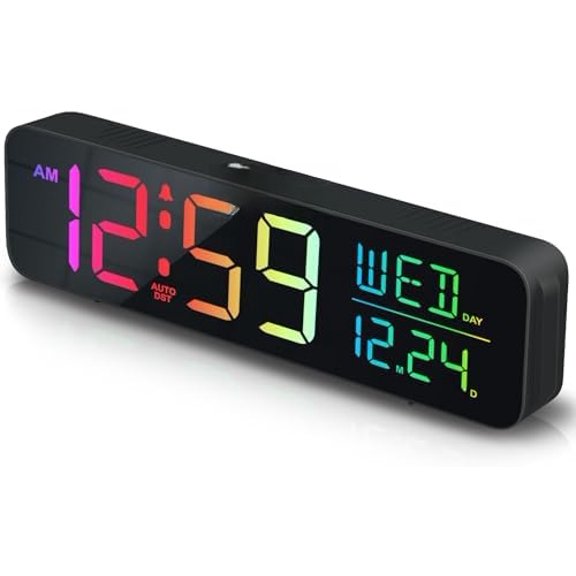 Digital Alarm Clock for Bedrooms, Date Day of Week Large Display Numbers 6 Brightness Dimmer, 5 Volume Loud for Heavy Sleepers, 8 RGB Colors Electric Desk Clock Battery Backup, Auto DST