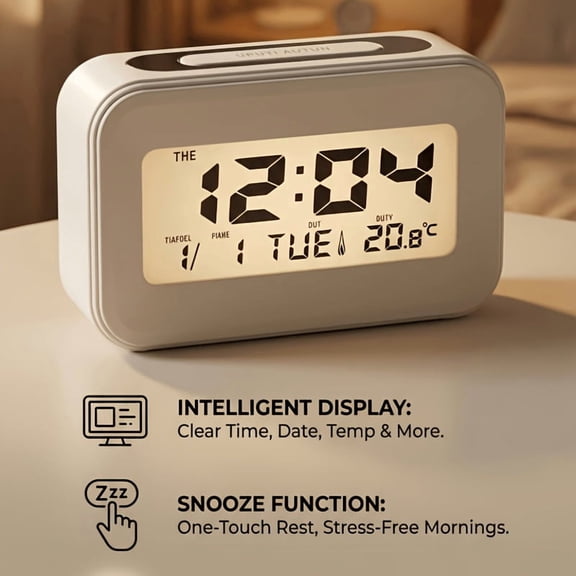 Digital Alarm Clock Bedside - Battery Powered Clock with LCD Display Volume Adjustable Snooze And Weekend Mode for Bedroom Office Desk Travel, Compact Design, Durable Plastic