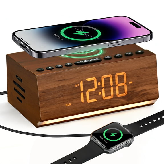 Wooden Digital Alarm Clocks with Wireless Charging, FM Radio, Bluetooth Speaker, Dual Alarms, Night Light, Adjustable Brightness, Large Number LED Display Bedside Clocks for Bedrooms