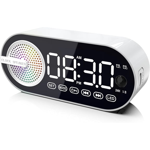 Digital Alarm Clock with Bluetooth Speaker, Dual Alarm Clock for Bedroom Heavy Sleeper Wireless Speaker BT 5.0 with Rechargeable Battery, Support FM, TF Card,Human-Activated (White)
