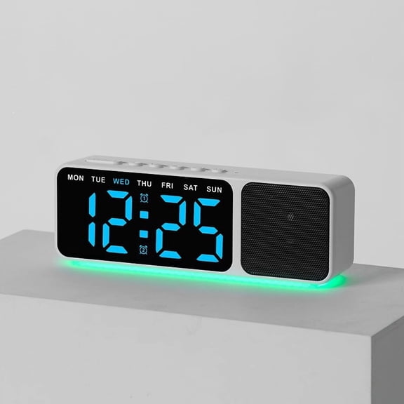 Digital Alarm Clock with Bluetooth Speaker, Large Blue LED Display Clock with Week Indicator, Dual Alarms, Green Ambient Light, Bedside Desk Alarm Clock for Bedroom