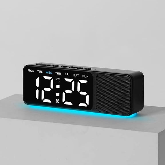 Digital Alarm Clock with Bluetooth Speaker, Large White LED Display Clock with Week Indicator, Dual Alarms, Blue Ambient Light, Bedside Desk Alarm Clock for Bedroom