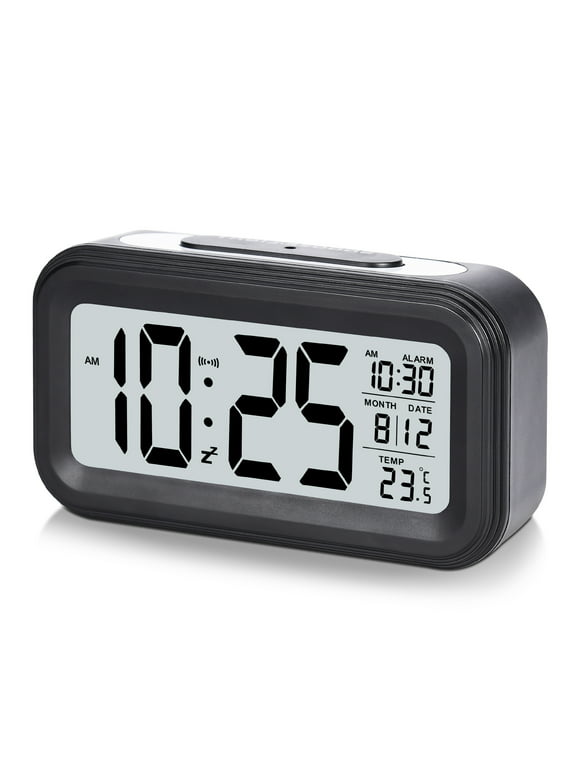 Digital Alarm Clock, Alarm Clock Large Numbers Display Battery Operated w/Night Light 12/24H for Kids Bedroom Home Office, Desk Digital Clocks, Adjustable Temperature & Brightness Sensor,Black