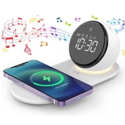Samovi Digital Alarm Clock for Heavy Sleepers, Bluetooth Speaker with 15W Wireless Charger, 20 White Noise Sounds, 3 Level Dimmable Touch Table Lamp for Bedroom Desk Teens Girls Boys White