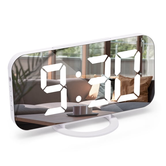 Digital Alarm Clock,Digital Clock Large Display Number,LED Electric Alarm Clocks Mirror Surface for Makeup with Diming Mode,3 Levels Brightness,Dual USB Ports Modern Decoration for Bedroom,White