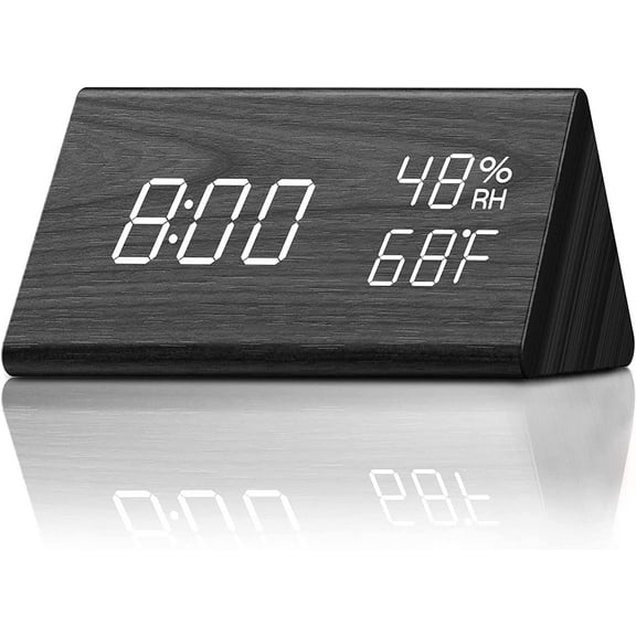 Digital Alarm Clock, Electronic LED Time Display 3 Alarm Settings Adjustable Brightness Humidity & Temperature Detect Wood Design for Bedroom, Bedside, Desk, Office (Black)