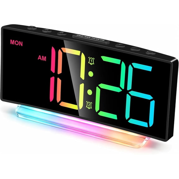 Digital Alarm Clock - Extra Loud for Heavy Sleepers Adults Teens Kids, Rainbow Bedside Clock for Bedrooms, Large Display, 7 Color Night Light, Weekday & Weekend, 12/24h (Black+Dynamic)