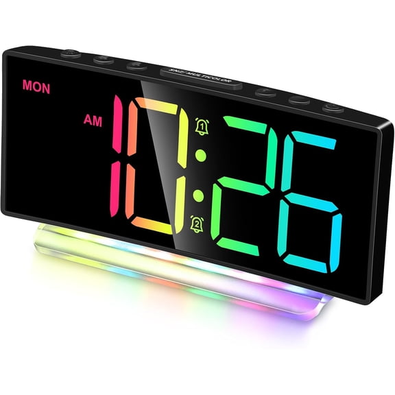 Digital Alarm Clock - Extra Loud for Heavy Sleepers Adults Teens Kids, Rainbow Bedside Clock for Bedrooms, Large Display, 7 Color Night Light, Weekday & Weekend, 12/24h (Black+Dynamic)