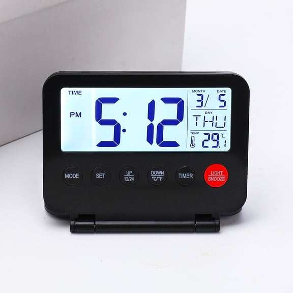 Digital Alarm Clock with Foldable Stand, Easy-to-Read Large LCD Display, Time/Date/Temperature Display for Desk, Travel, Bedroom, Office, Tabletop (Black)