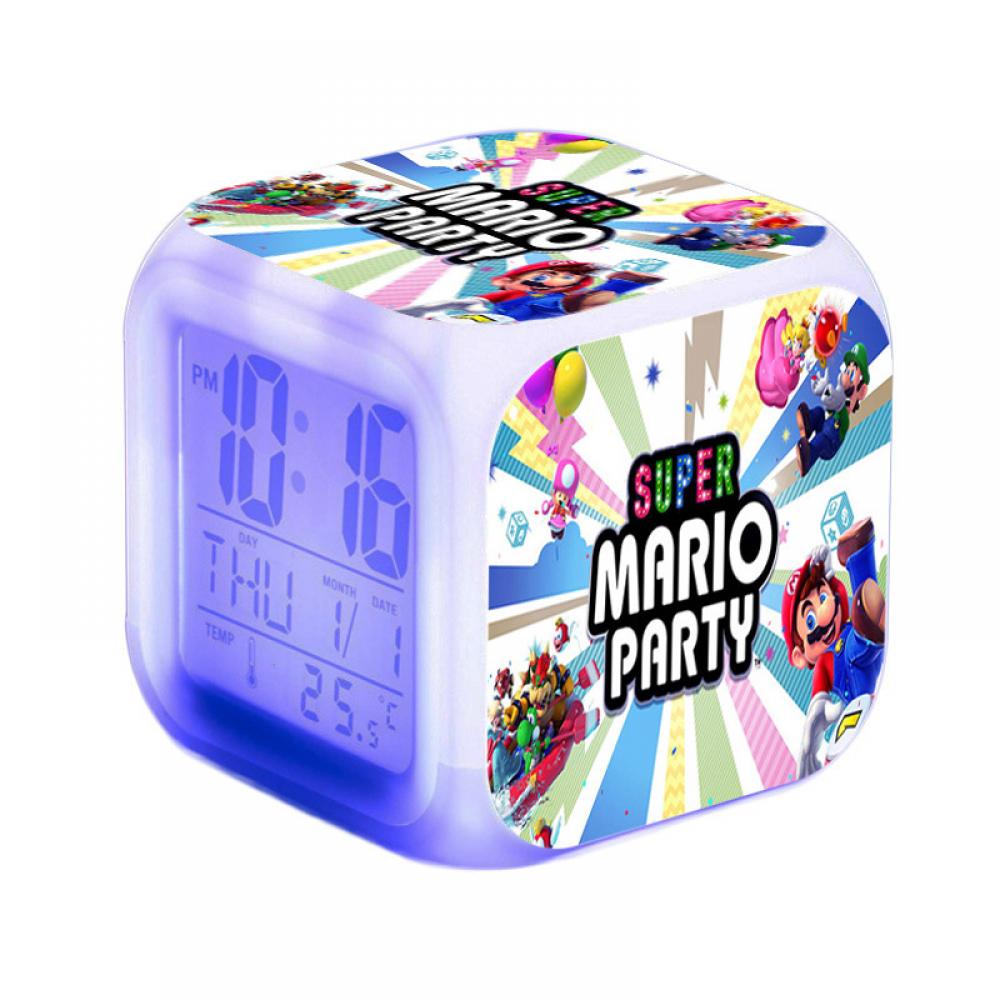 Digital Alarm Clock for Kids, Cartoon Super Mario Pattern 7 LED Color Changing Wake Up Clock with Thermometer Function and Night Light, Gift for Boys Girls A93-750